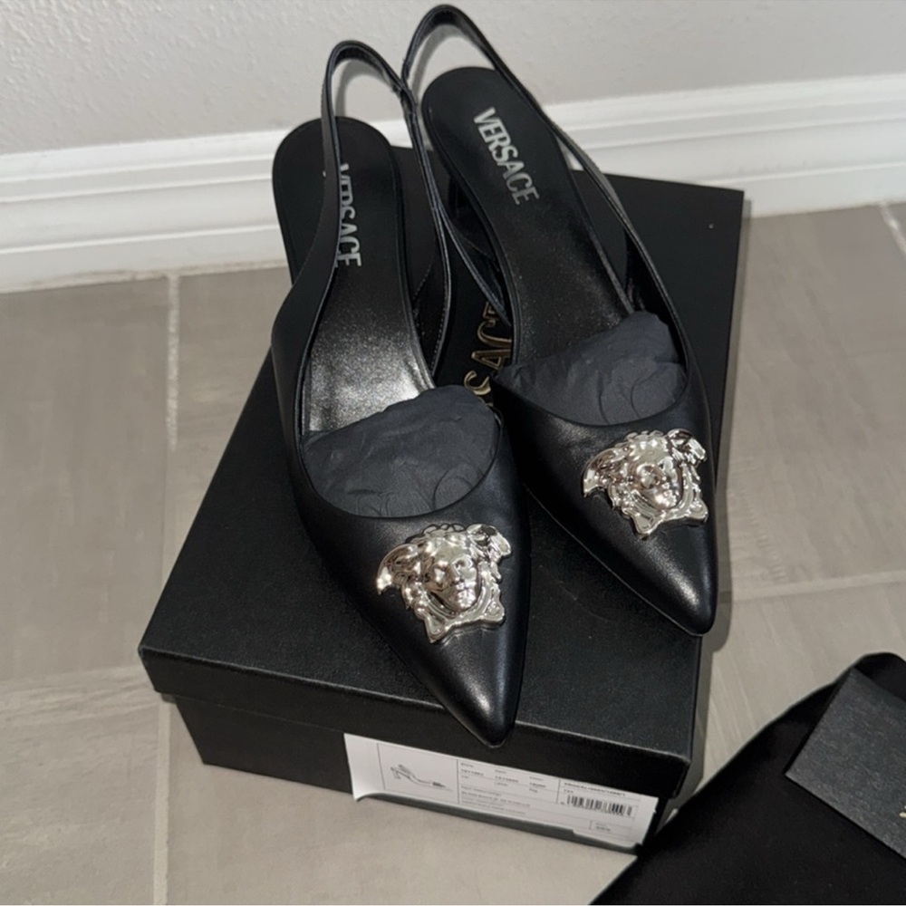 Versace Medusa Leather Kitten Black Slingback Heels pumps w Silver Medusa Detail
